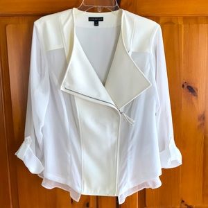 Mixed fabric jacket by Lane Bryant. White polyester bodice+sheer sleeves, sz 14.